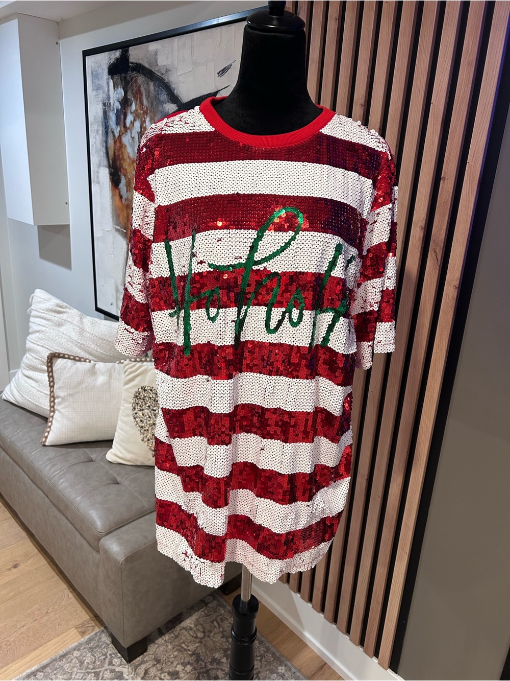 Red & White Sequin Striped Tee with Green Script